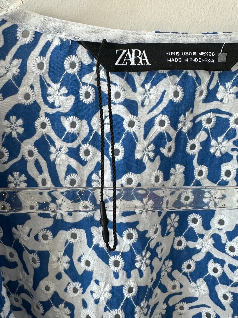Zara Blue and White Floral Print V-Neck Smocked Waist Blouse
